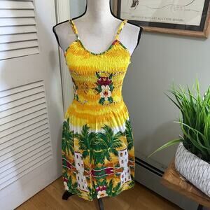 Just Love Sundress Large Yellow Smocked Tropical Hawaiian Beach Resort Summer